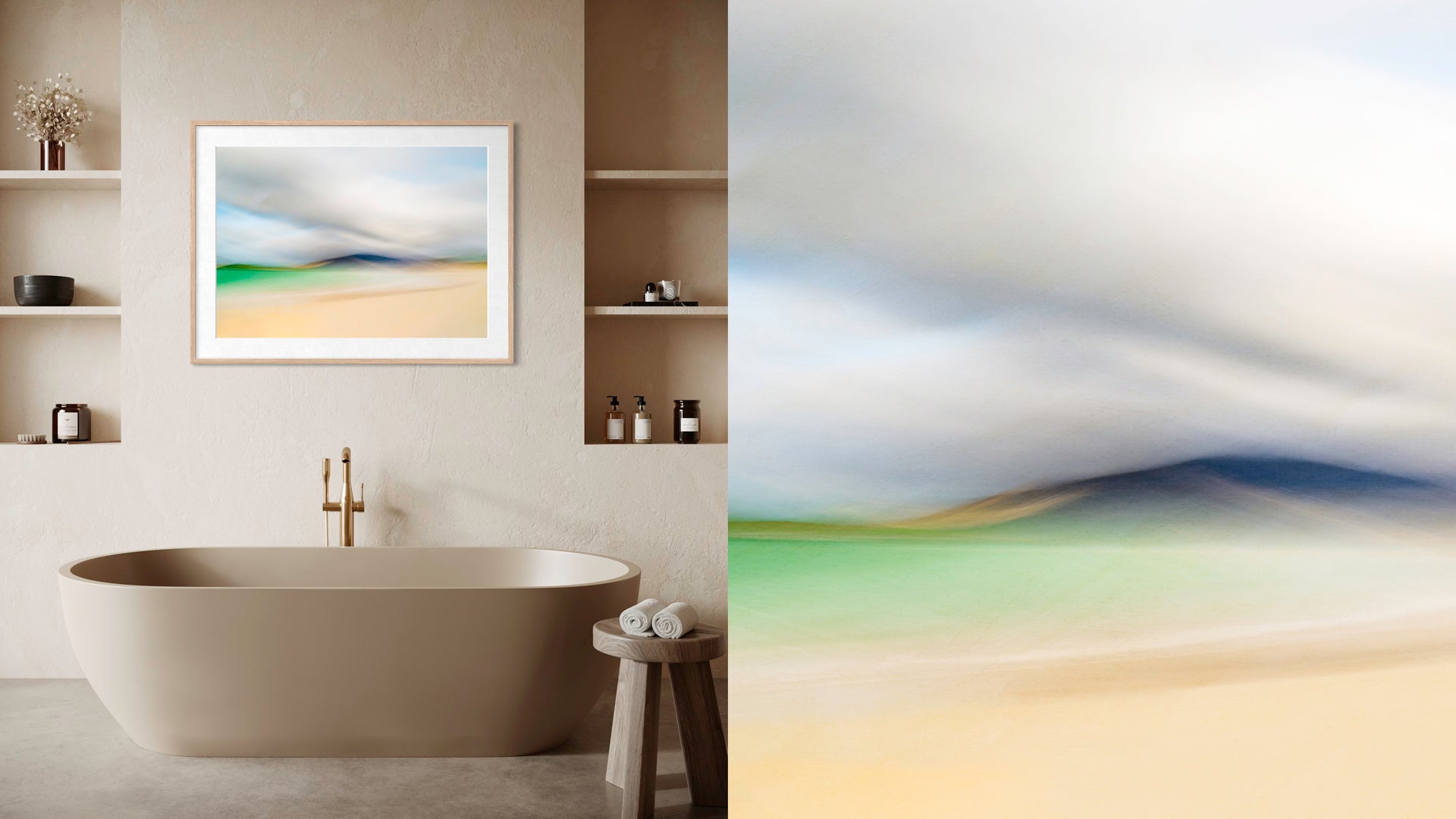 fine art seascape oprint shown in modern bathroom