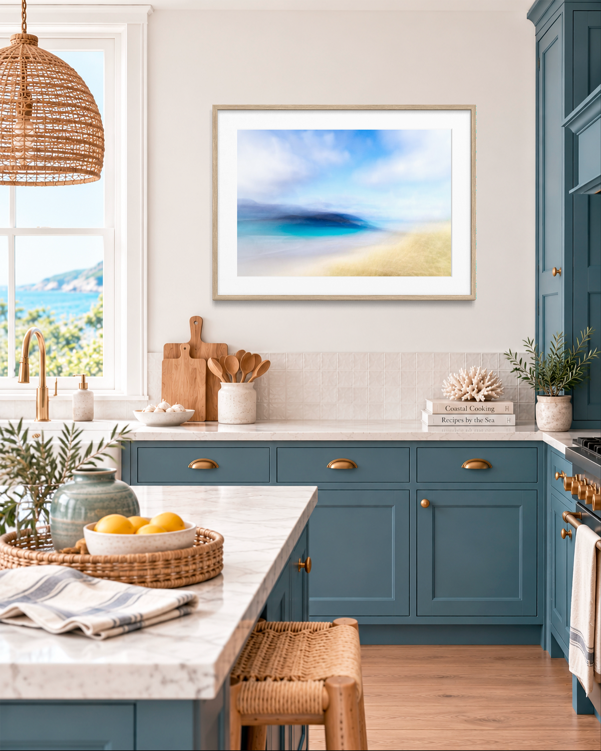 A framed art print depicting a serene beach scene with blue sky and ocean waves, displayed on a light beige wall in a modern kitchen with teal cabinets and a marble countertop.