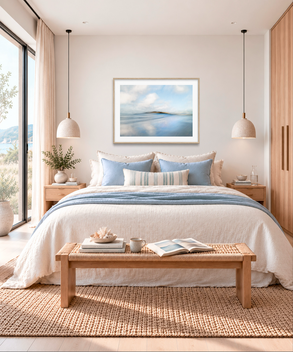A beautifully styled bedroom featuring a framed landscape art print of a calm sea and distant island, hung on the wall above a neatly made bed with blue and white bedding. The room is decorated with a light wood bench, woven rug, pendant lights, and a large window on the left.