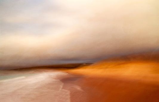 A limited edition seascape art print featuring a abstract image of a beach scene with a cottage, waves, and sky.