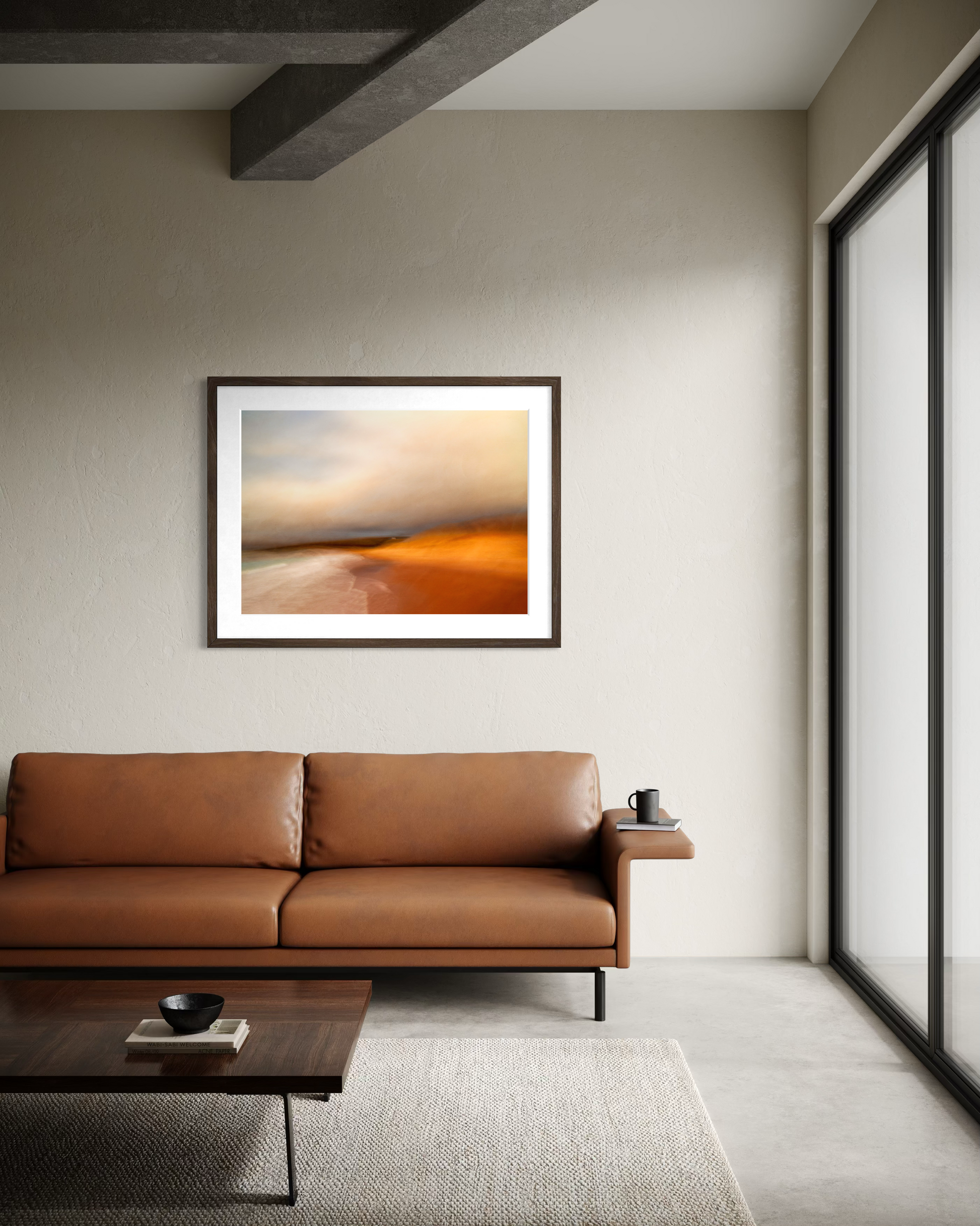 Modern living room with serene seascape artwork