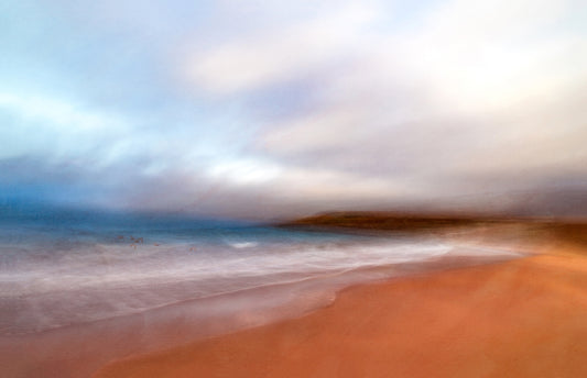 A painterly seascape art print depicting a beach scene with soft colors and a sense of tranquility.