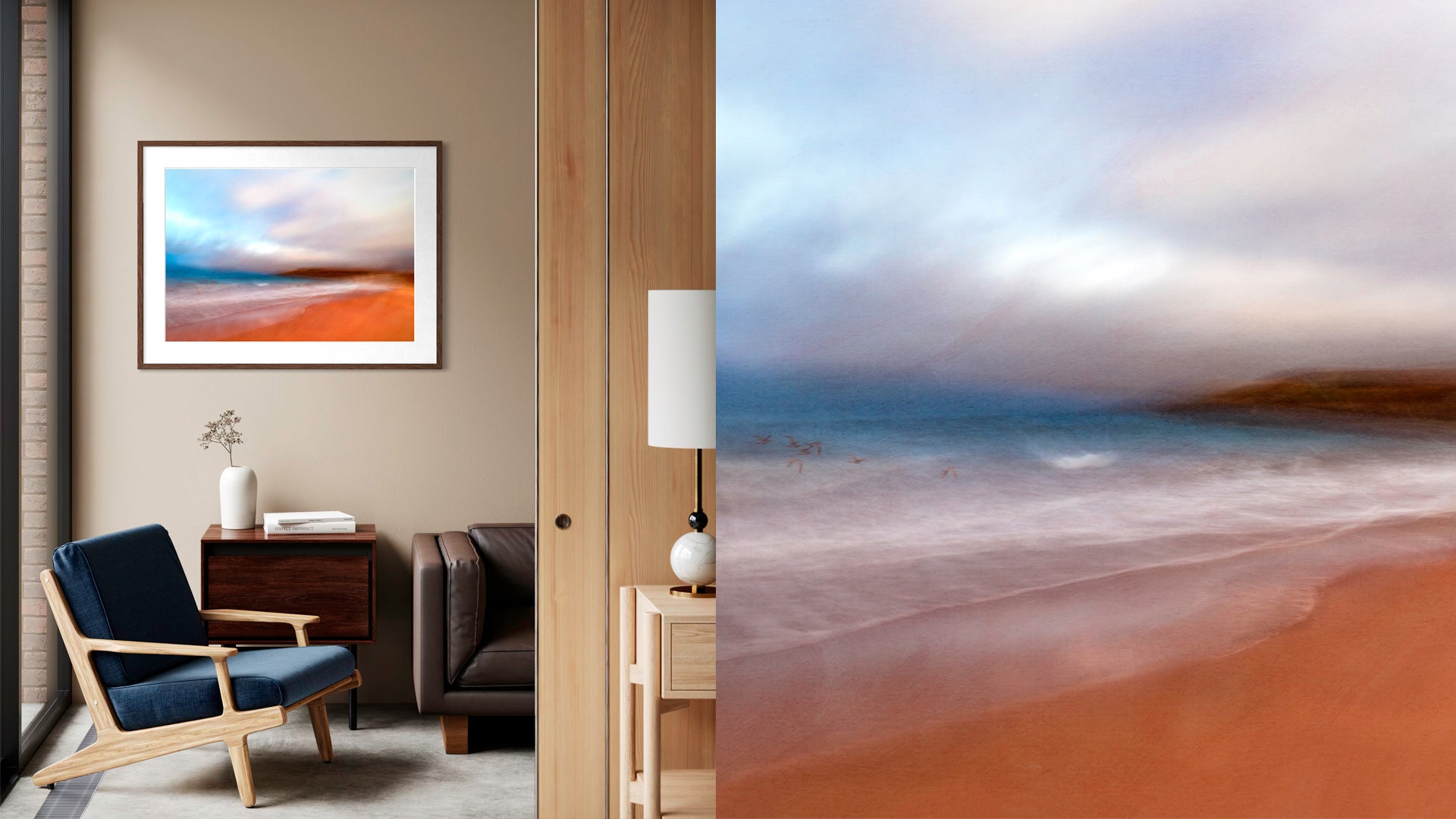 vibrant coastal wall art in dark frame in modern home