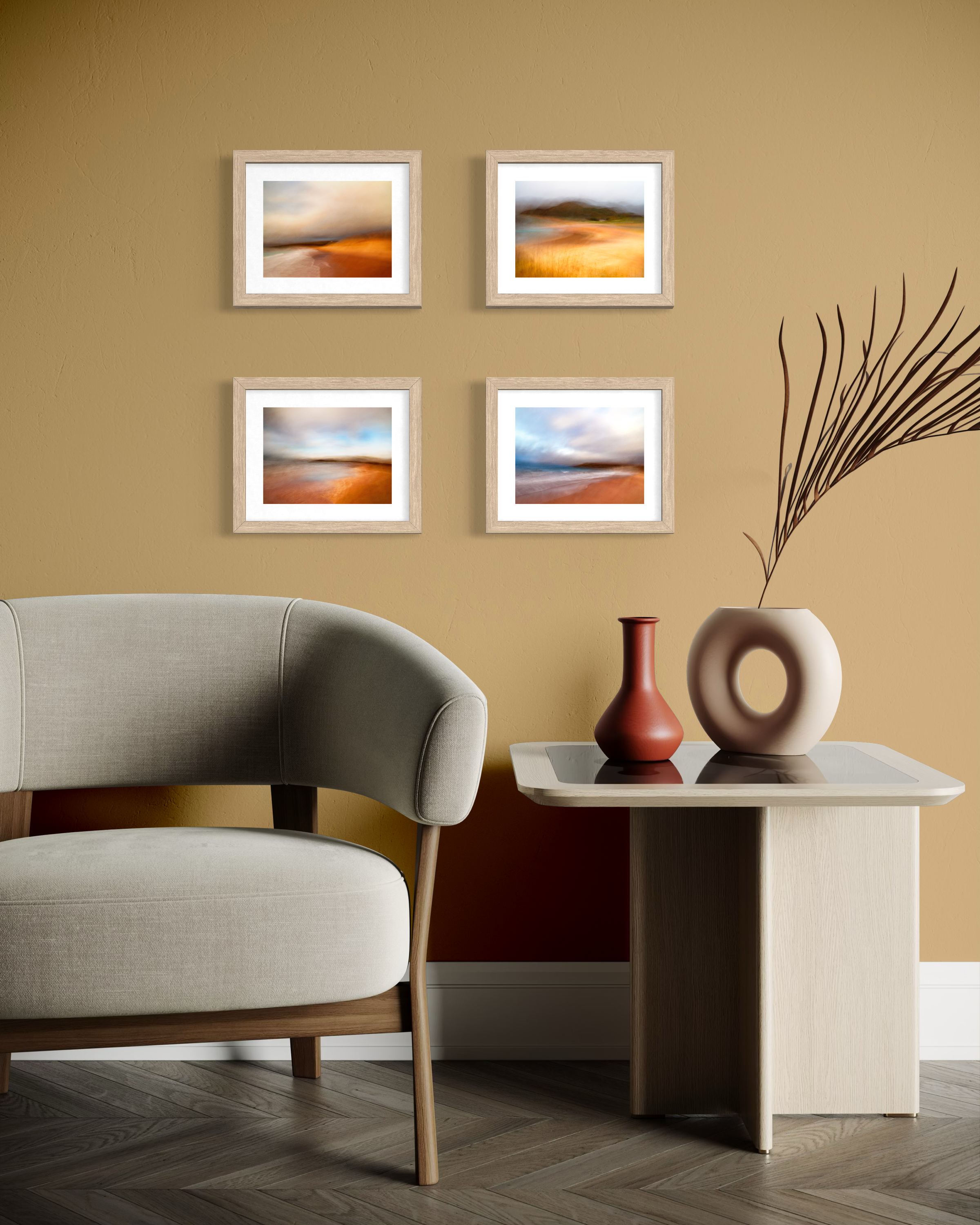 ochre colour room with gallery wall of seascape prints