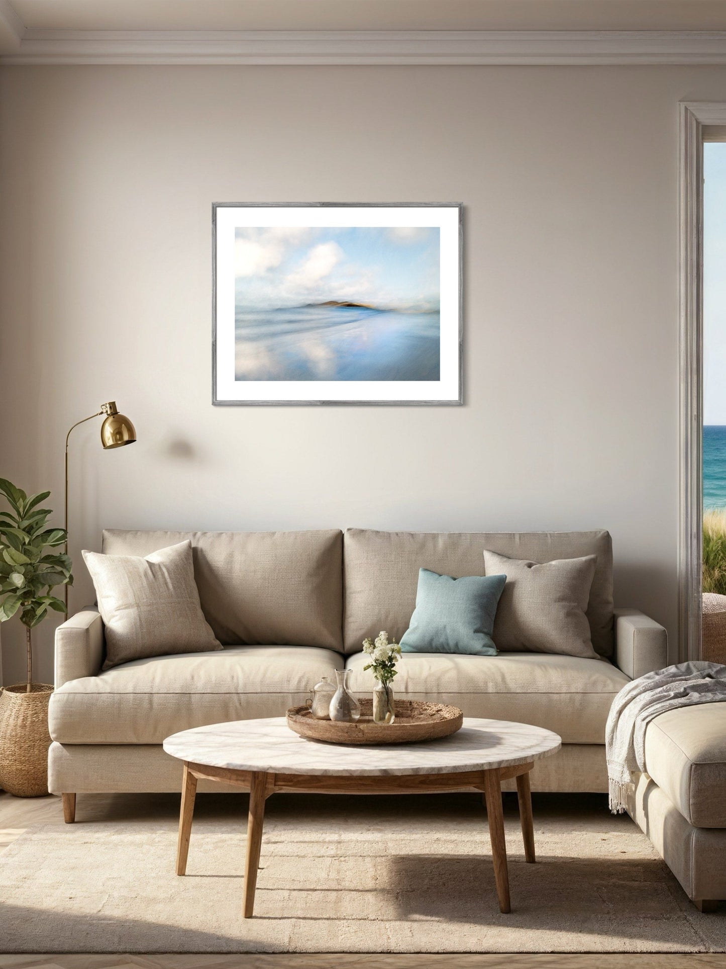 soft blue and natural relaxed living coastal art
