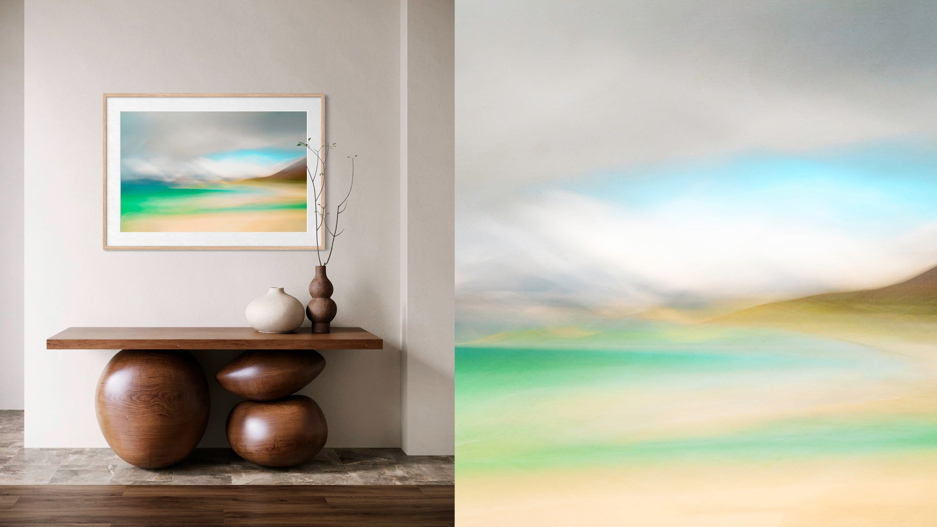 Modern interior with abstract art on the wall.