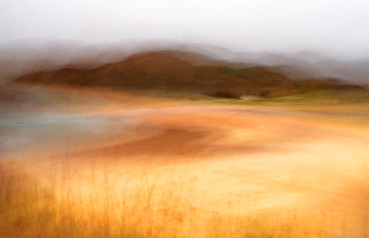 A limited edition seascape art print titled 'Whispers Of The Tide' featuring an abstract representation of a beach scene with blurred elements and warm color tones.