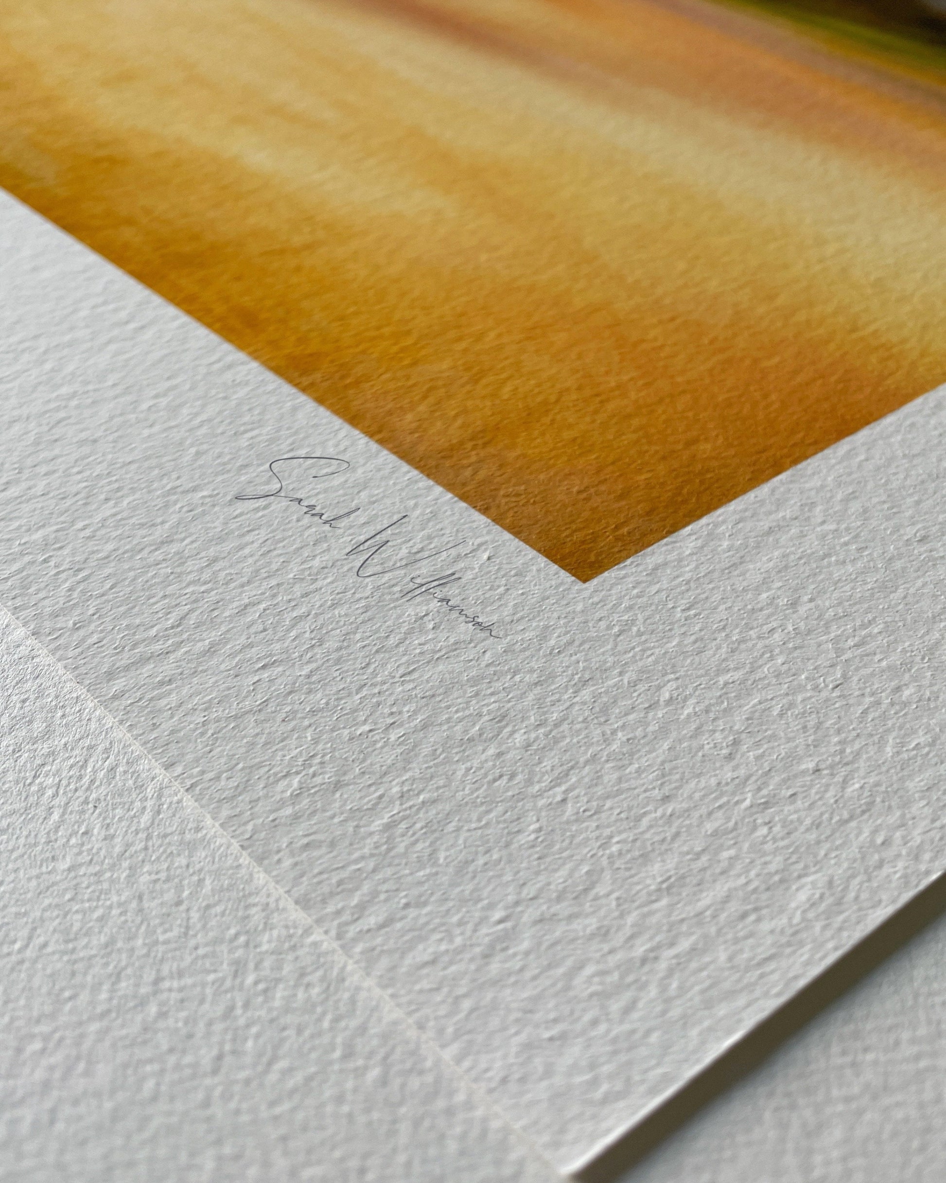 Close-up of hahnemuhle paper with a signature for seascape wall art