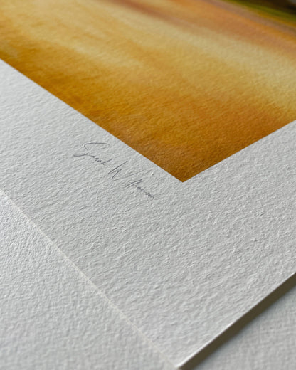 Close-up of hahnemuhle paper with a signature for seascape wall art